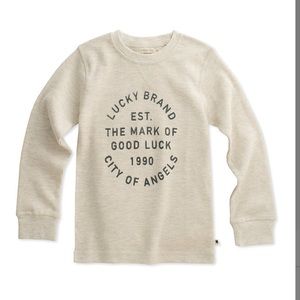 Lucky Brand long sleeve oatmeal Heather shirt- blue lettering on front boysL NWT